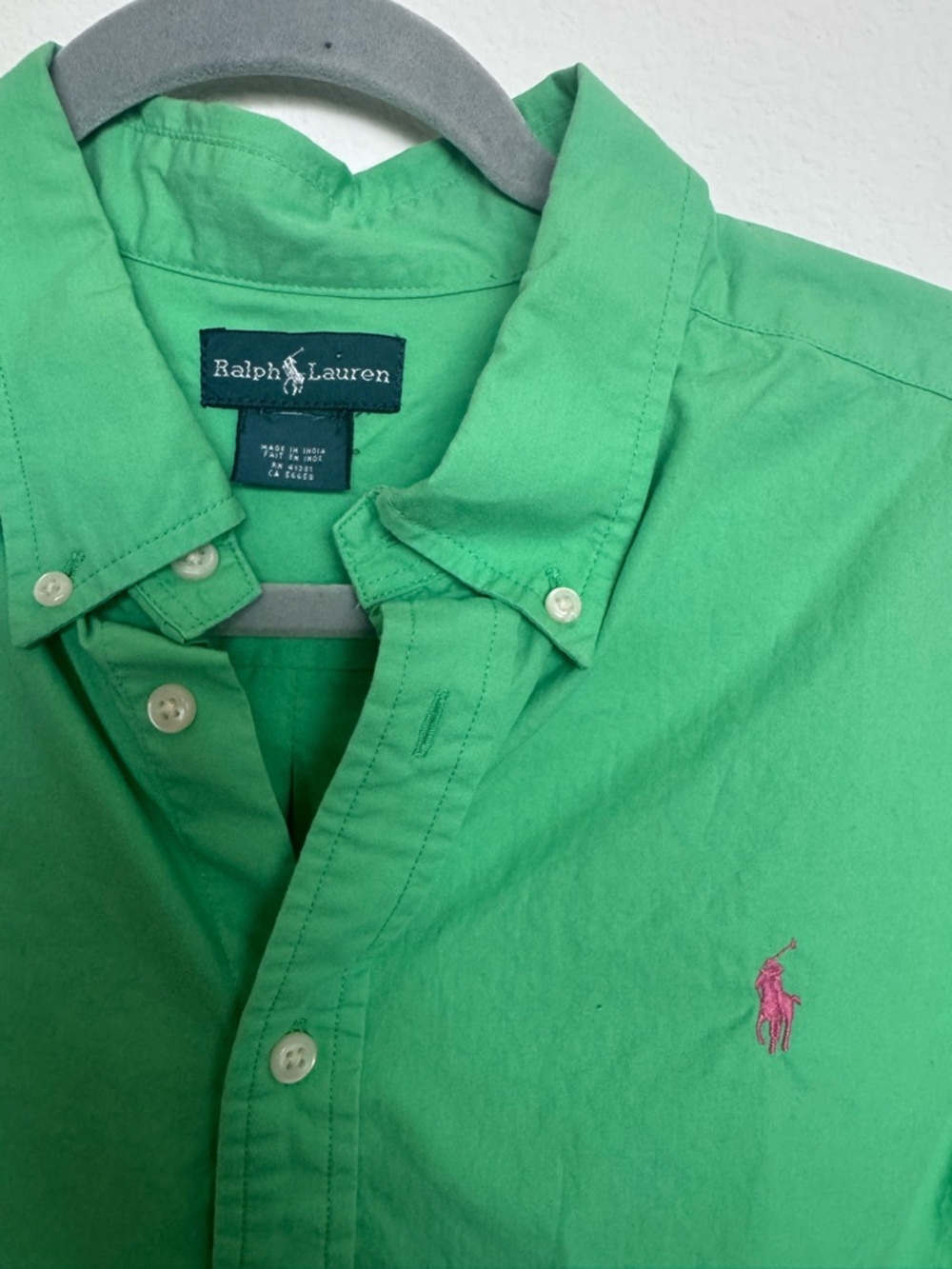 Vintage Ralph Lauren Button-Down Shirt - Green with Pink Logo